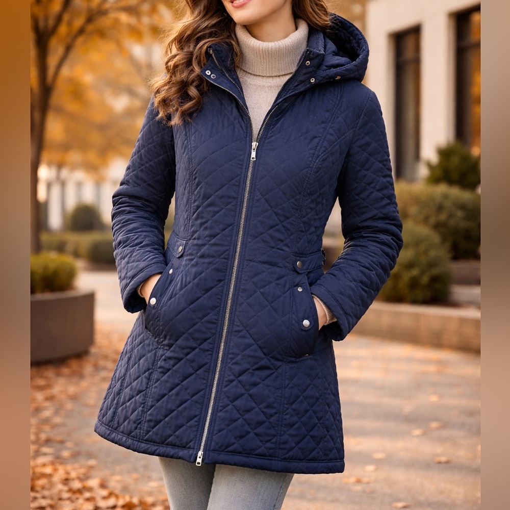 ❄️‎ Liz Claiborne Navy Quilted Hooded Coat Classic Winter✨